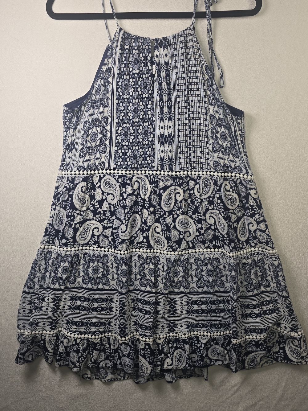 ALYA BLUE WHITE FLORAL MINI DRESS TIERED RUFFLES BOHO PARTY SUMMER WOMENS MED